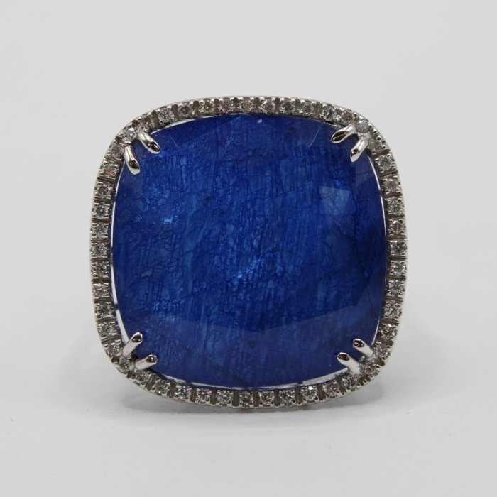 戒指 - 18 克拉 白金 -  0.42 tw. 鉆石  (天然) - 藍寶石 