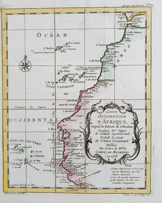 Africa, Hartă - Insulele Canare / Insulele Capului Verde / Gibraltar; La Haye / P. de Hondt / J.N. Bellin - Coste Occidentale d'Afrique depuis le detroit de Gibraltar - 1721-1750