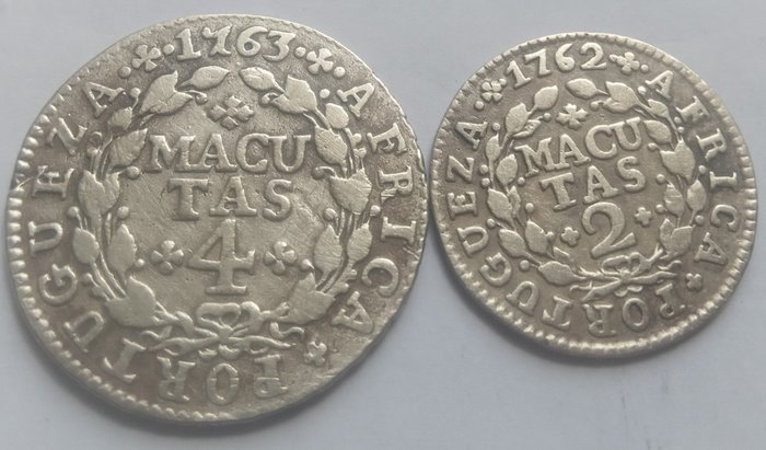 葡属安哥拉. D.何塞一世 (1750-1777). 2 + 4 Macutas 1762/1763 (2 moedas)
