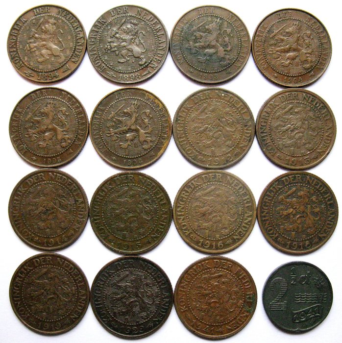 Niederlande. Wilhelmina. 2-1/2 Cent 1894-1941 (16 verschillende munten) Complete serie incl. 1894 1898 1912 & 1914  (Ohne Mindestpreis)