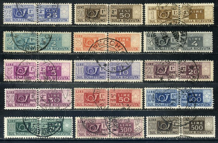 Olaszország 1946/1951 - Szárnyas kerekű filigrán postai csomagok, 15 értékből álló komplett készlet. 300 lírára hitelesített - Sassone 66/80