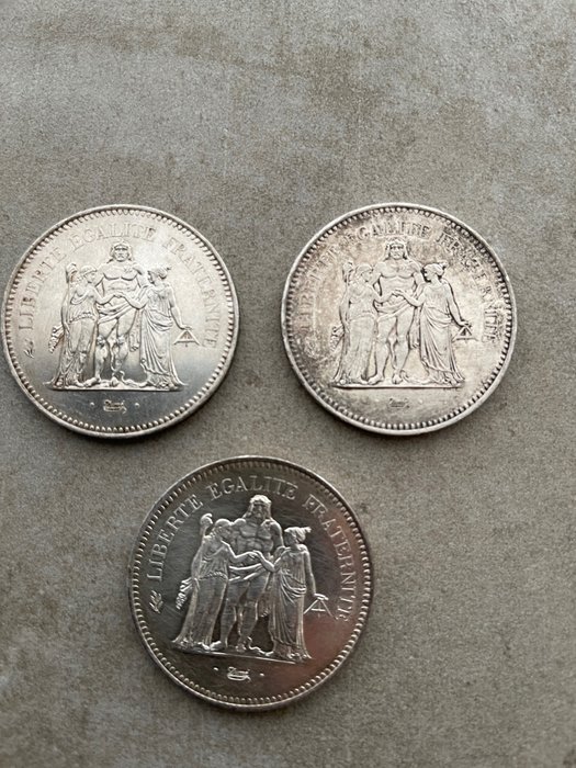 Francia. 50 Francs 1976, 1977, 1978 Hercule (lot de 3 monnaies en argent)  (Sin Precio de Reserva)