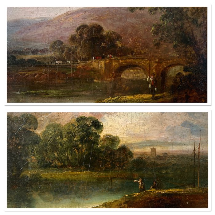 English school. (XlX) - A pair of landscapes with fishermen