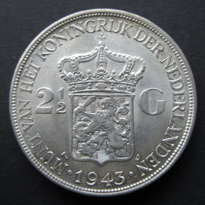 Niederlande. Wilhelmina (1890-1948). Zilveren Rijksdaalder of 2 1/2 Gulden 1943 PD,. TOPKWALITEIT  (Ohne Mindestpreis)