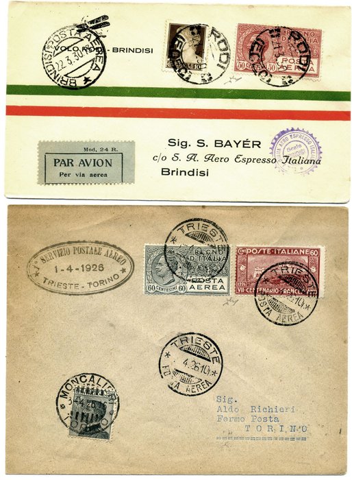 Royaume d’Italie 1930 - Premier vol Rhodes/Brindisi et Premier vol Trieste Turin. 2 aérogrammes expertisés intéressants.