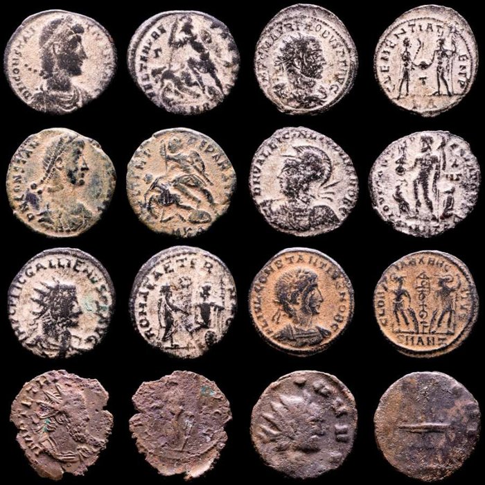 Roman Empire. Lot comprising eight (8) AE coins:  Antoninianus, Follis, Maiorinas. Antoninianus, Follis, Maiorinas. Constantius II (3), Probus, Licinius I, Gallienus, Tetricus I & Claudius II  (Ingen reservasjonspris)