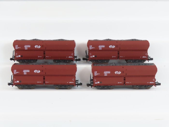 Roco N - 25180 - Modellbahn-Güterwagen (4) - 4x Seitenentlader beladen mit Kohle, Typ Fals 251 - NS