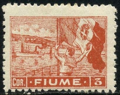 Fiume 1919 - Allegorie e vedute 3 corone vermiglio dentellato 10,5. Bella varietà certificata - Sassone C46/I