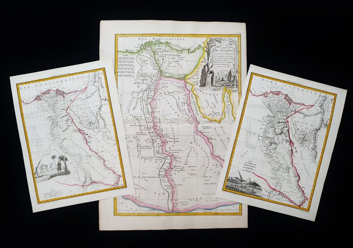 África, Mapa - Egito [Lote de 3] Cairo / Canal de Suez / Líbia; R. Bonne / G.A. Rizzi Zannoni / C. Malte Brun / Lapie - Carte de l'Egypte Ancienne et Moderne / Aegyptus / Egypte - 1761-1780