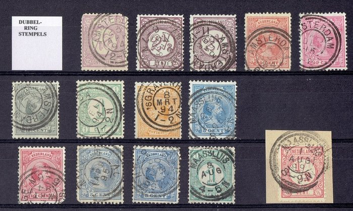 Niederlande  - Verschiedene Briefmarken, darunter Doppelring- und Martin-Stempel