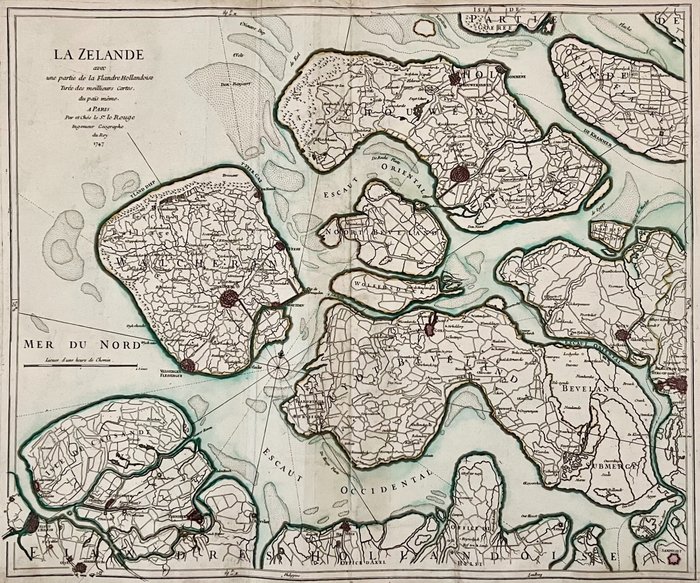 Nederland, Kart - Sjælland; G.L. Le Rouge - La Zelande avec une partie de la Flandre Hollandaise Tiréedes meillieurs Cartes, du païs mème - 1721-1750