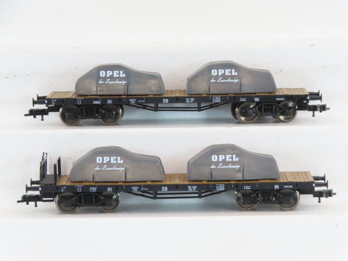Fleischmann H0 - 80 5286 - Τρένο μοντελισμού μεταφοράς εμπορευμάτων (2) - 2 αυτοκίνητα τεσσάρων αξόνων, φορτωμένα με 2 Opel - DB