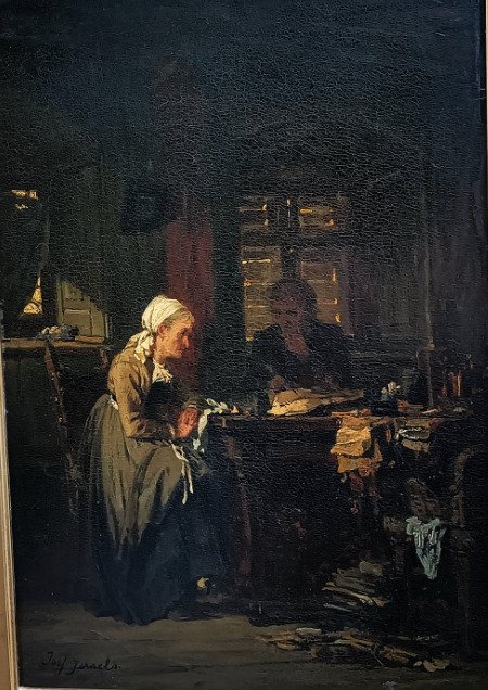 Hollandse school (XIX), Navolger Jozef Israels - Interieur boerin en man aan de etenstafel
