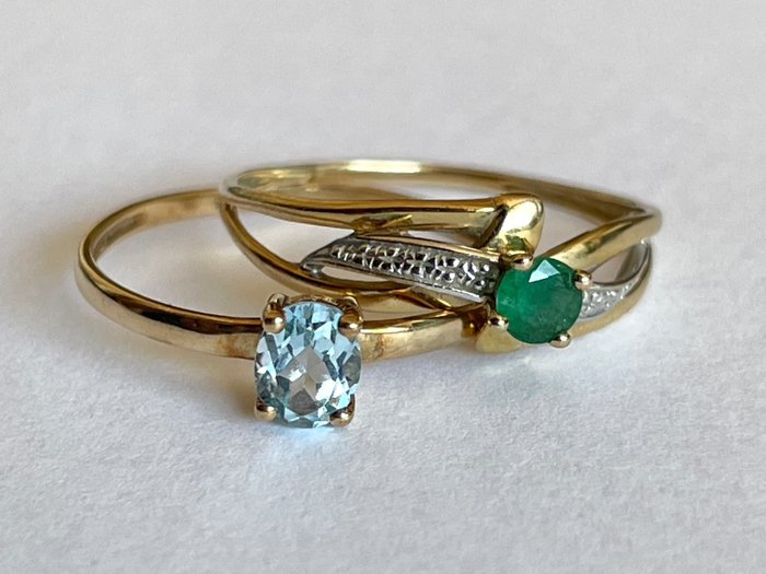 Ingen mindstepris - Ring (Lot af 2) 9K guld - Aquamarine, Emerald