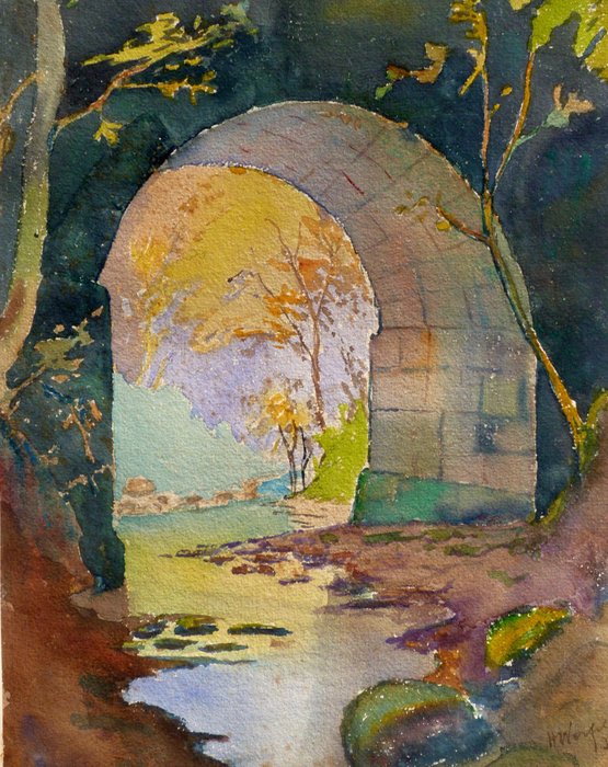 H. Werfeli (XX) - Scorcio di un torrente -  arco di un ponte