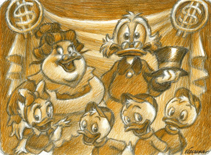 Joan Vizcarra - DuckTales: Uncle Scrooge, Huey, Dewey, Louie, Webby Vanderquack and Mrs. Beakley - Original Drawing
