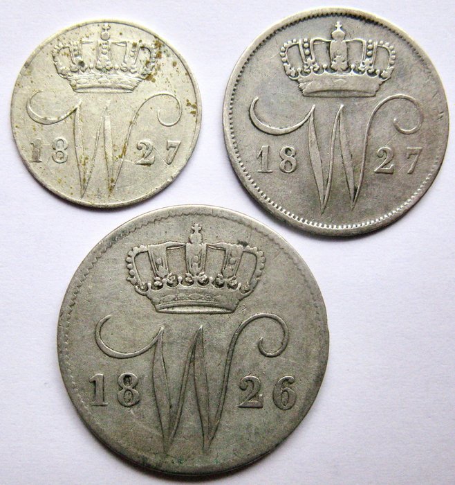 Nederland. Willem I. 5, 10 & 25 Cents 1826-1827 3 verschillende  (Ingen reservasjonspris)