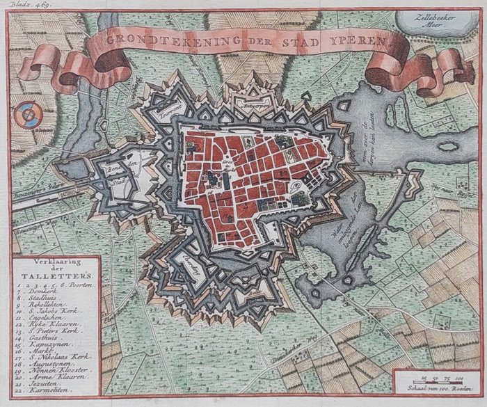 Europe, Town plan - Belgium / Ypres; Isaak Tirion - Grondetekening der Stad Yperen - 1738