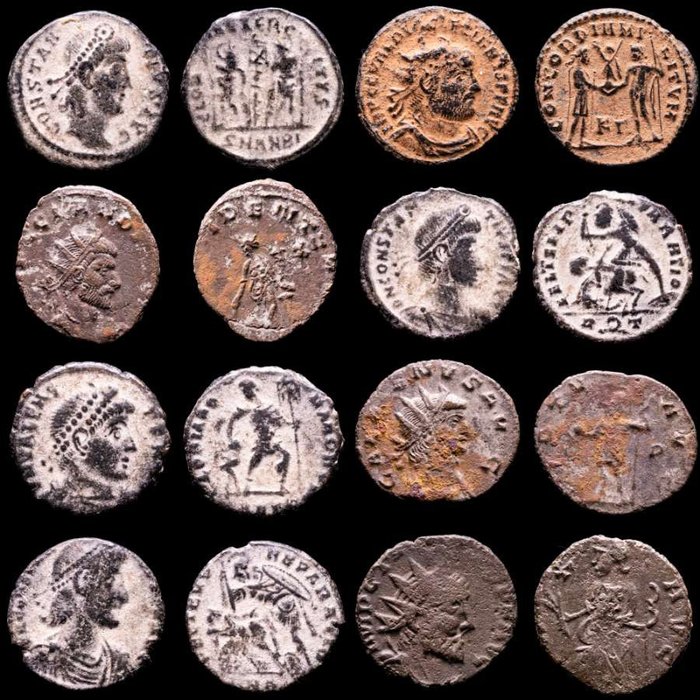 Cesarstwo Rzymskie. Lot comprising eight (8) AE coins:  Antoninianus, Follis, Maiorinas. Antoninianus, Follis, Maiorinas. Constans, Diocletian, Claudius II, Constantius II (2), Gallienus, Tetricus I & Valens  (Bez ceny minimalnej
)