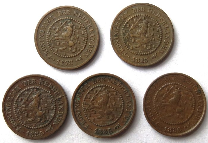 Nederland. Willem III (1849-1890). 1/2 Cent 1878 / 1886 Willem III (5 stuks compleet)  (Zonder Minimumprijs)