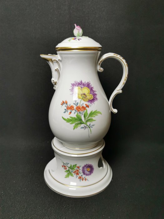 Meissen - 咖啡壶 (3) - 咖啡壶和带烛台的食物加热器“Flower 2”高 24 厘米/9 厘米