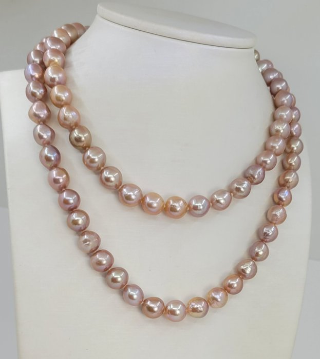 No Reserve Price - Necklace 9.2x10.5mm Pink Edison Freshwater Pearls - 925 Silver 