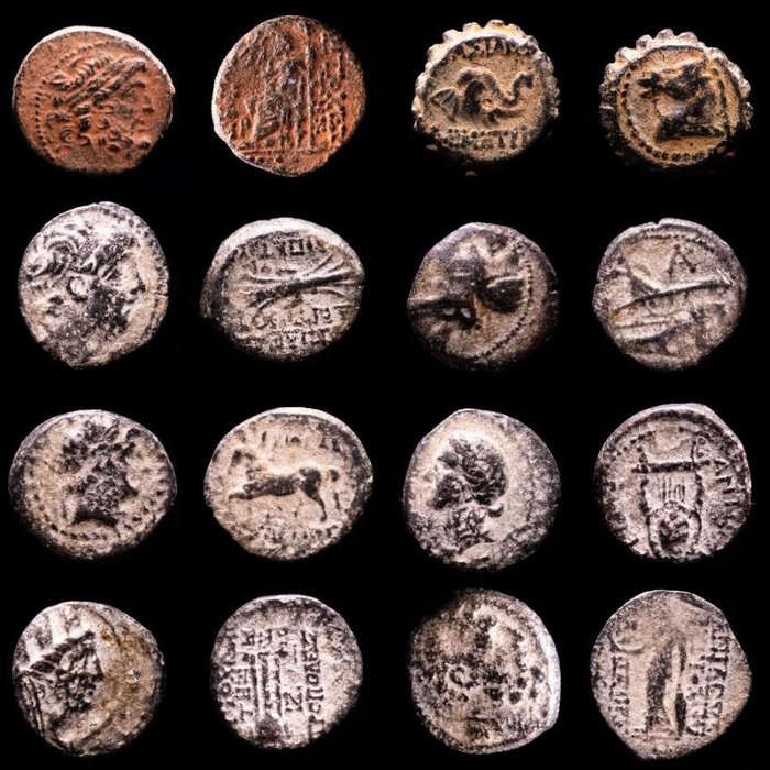 Reino Selêucida, 312-63 AC. Lot comprising eight (8) bronze coins Middle East, and at the height of its power included central Anatolia, the Levant, Mesopotamia,  (Sem preço de reserva)