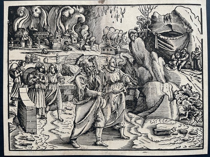 Anonimo Tedesco del XVI secolo (Barthel Beham 1502-1540?) - Due Angeli salvano Loth e le sue Figlie da Sodoma
