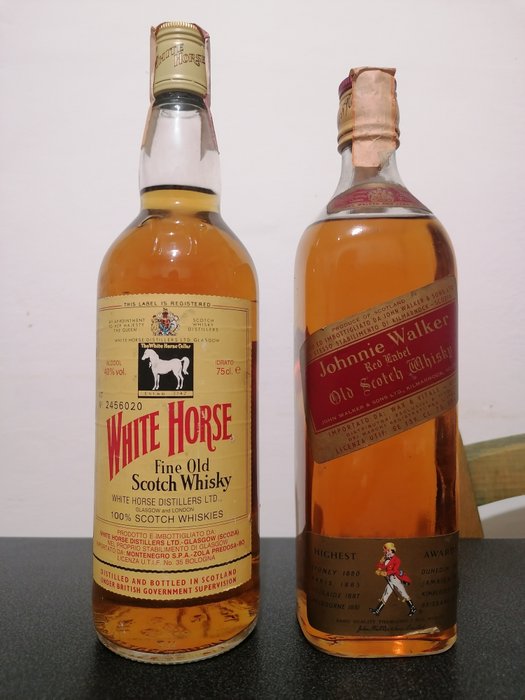 Johnnie Walker Red Label + White Horse  - b. 1970s, 1980s - 75cl - 2 bottles