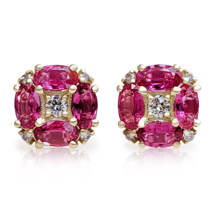 No Reserve Price - Earrings - 14 kt. Yellow gold -  1.98ct. tw. Ruby - Diamond