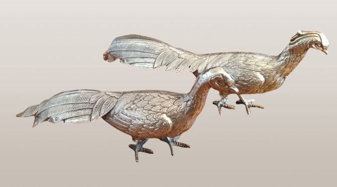小塑像 - A Pair of Large Early 20th Century Spanish 0.915 fine Silver Pheasants. (2) - 銀