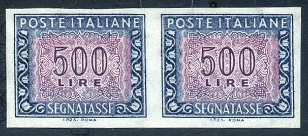 Repubblica Italiana 1961 - Segnatasse 500 lire filigrana stelle. Coppia non dentellata. Certificata - Sassone T 120Vb