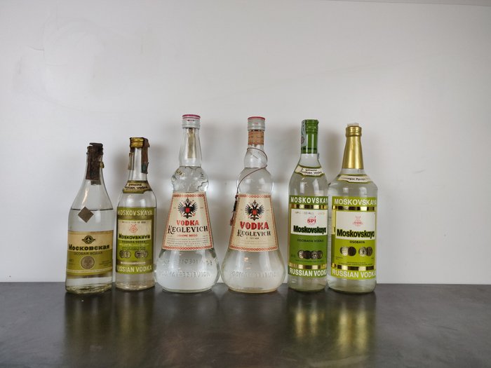 Vodka Moskovskaya x 4 + Keglevic x 2  - b. 1950-2000-tal - 50 cl, 70 cl, 75 cl - 6 flaskor