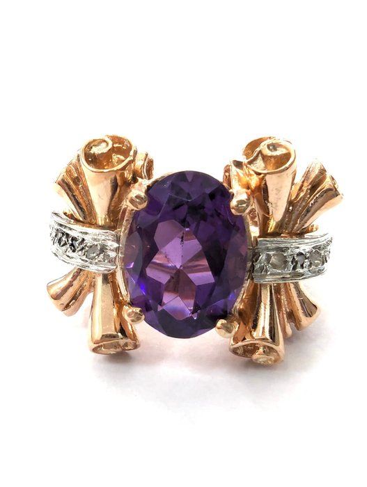 没有保留价 - NO RESERVE PRICE - 戒指 - 9 kt. 玫瑰金, 银 紫水晶 - 钻石 