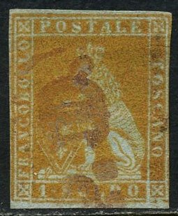 意大利古國－托斯卡尼 1951 - 帶著王冠的美第奇獅子，1蘇比斯特藍底黃字，第一期。 - Sassone N. 2b