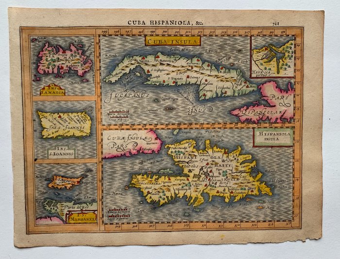 美國, 地圖 - 中美洲/古巴/波多黎各/伊斯帕尼奧拉島和牙買加; G. Mercator/ J. Hondius/ J. Cloppenburgh - Cuba Insula; Hispaniola Insula; Insula Jamaica; Ins. S. Ioannis; I.S. Margareta Cum Confiniis - 1621-1650