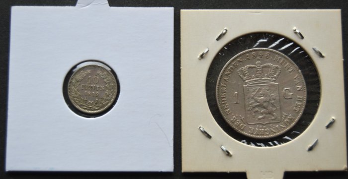Holland. Willem II (1840-1849). 1 Gulden, 10 Cents 1848 / 1849 (2 stuks)  (Ingen mindstepris)