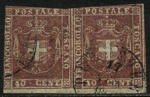 意大利古城邦-托斯卡纳 1860 - 临时政府胭脂红40美分。卧式对偶 - Sassone N. 21