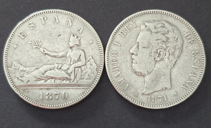 西班牙. Gobierno Provisional- Amadeo I. 5 Pesetas 1870 SNM / 1871 (18*71) SDM (2 moedas)  (沒有保留價)