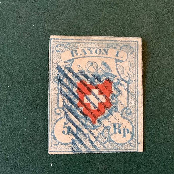 瑞士 1851 - Rayon I - stein C1，27 型 - 带蓝色印章 - Zumstein 17 II Stein C1