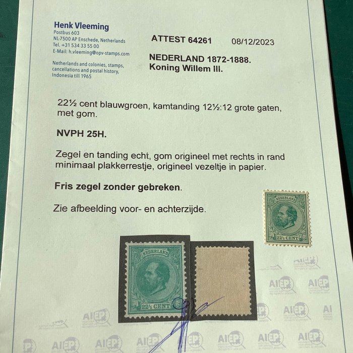 荷蘭 1872 - 22.5美分，美麗的中心和照片證書Vleeming - NVPH 25 H