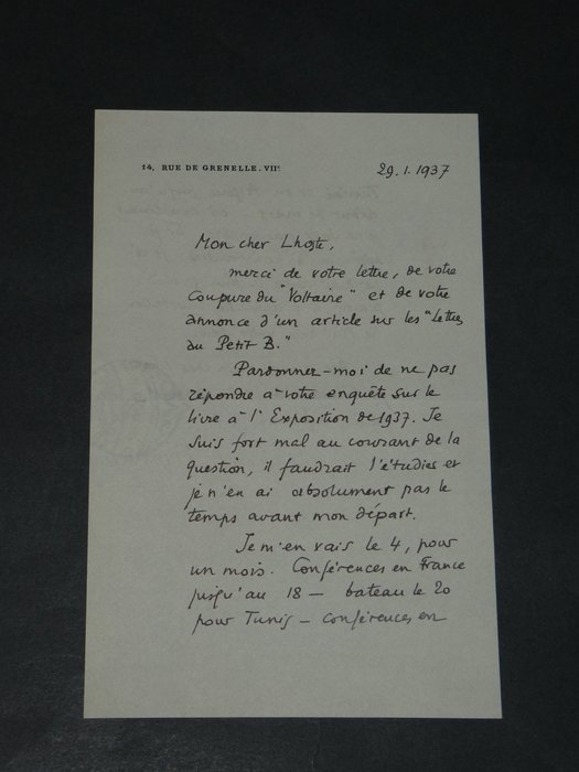 Claude Aveline - Lettre autographe signée [adressée à Pierre Lhoste] - 1937