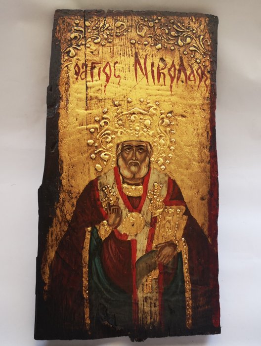 标志 - 手绘圣尼古拉斯奇迹创造者圣像 - 木