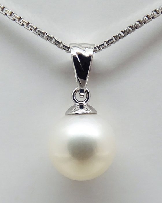 No Reserve Price - Akoya Pearl, Round, 8.8 mm - Pendant - 18 kt. White gold 