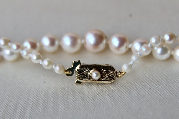 Handmade ca. 1925 Art Deco Necklace genuine sea/saltwater selected pearls to 6.9mm - 项链 - 8K包金 黄金 珍珠 