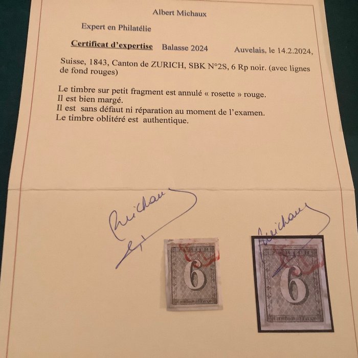 瑞士 1843 - 6 Rp 苏黎世 带照片证书 Balasse - Zumstein 2S
