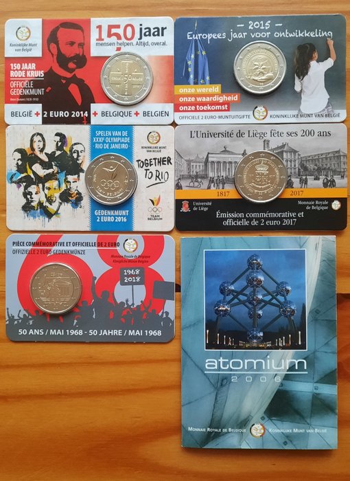 Belgien. 2 Euro 2006/2018 (6 coincards)  (Utan reservationspris)
