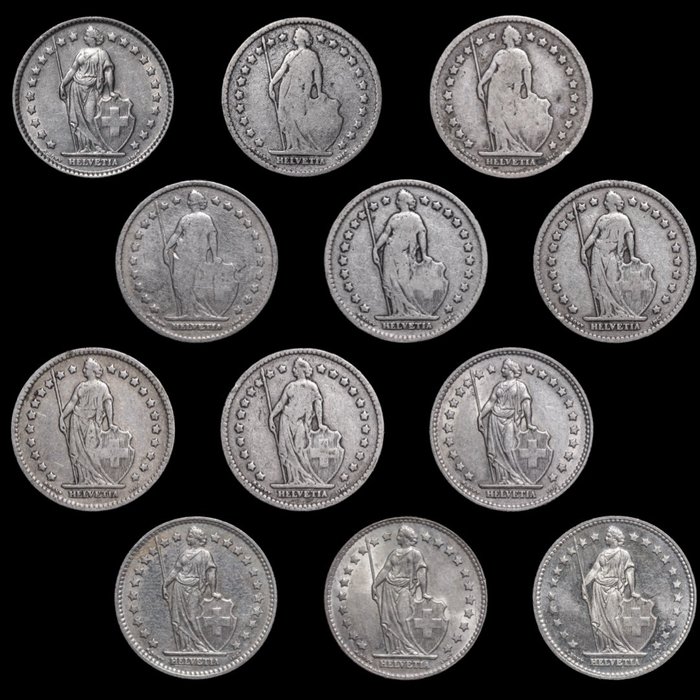 Switzerland. 11 x 1 Franco 1875-1963  (No Reserve Price)