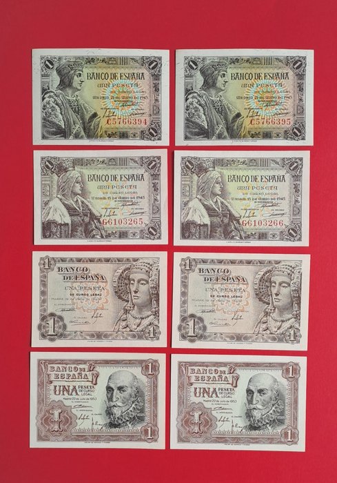 西班牙. 8 billetes (4 parejas correlativas) de 1 Peseta - Pick 126a, 128a, 135a, 144a  (沒有保留價)