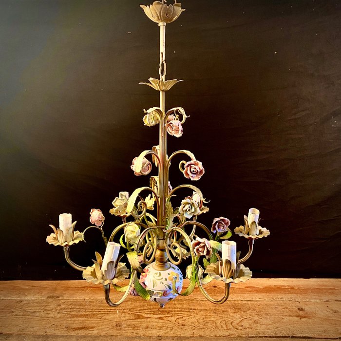 Lámpara colgante - Cerámica, Hierro (fundido/forjado), Estilo floral italiano de los años 50